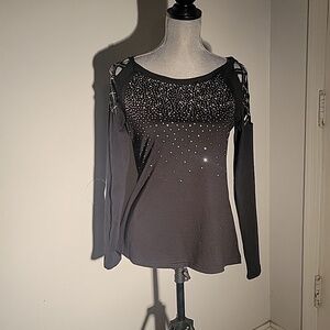 Sheilay Sparkly Black Block Neckline Long Sleeve Blouse, Size: M